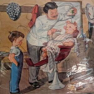 Vintage Puzzle - Barber Shop Scene Kids Jigsaw in Red and White